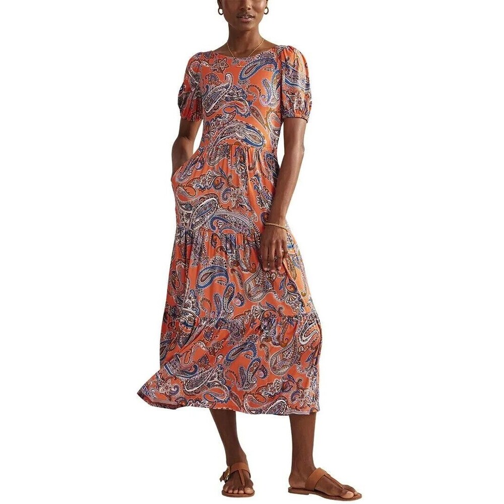 Boden Cutout Criss Cross Back Jersey Maxi Dress  Orange Paisley Size 10